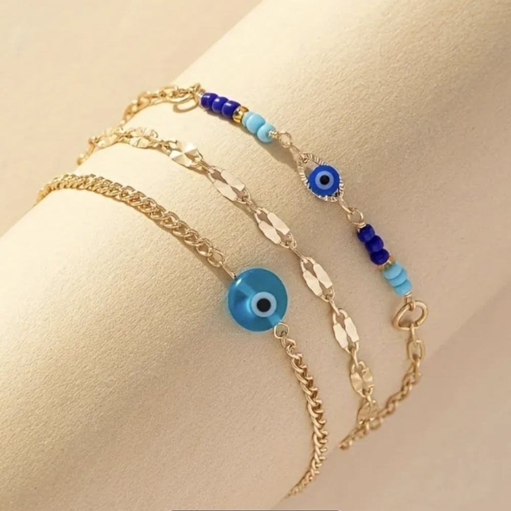 Gold and Blue Evil Eye Ankle Bracelet Set